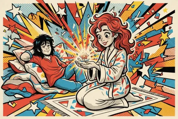 An illustrated girl kneeling on a rug holds a glowing flower while a friend rests nearby on cushions.