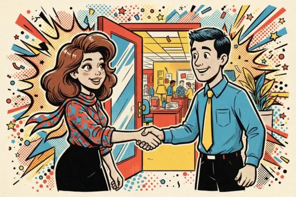 Two colleagues shaking hands and smiling as they meet for the first time in an office doorway.