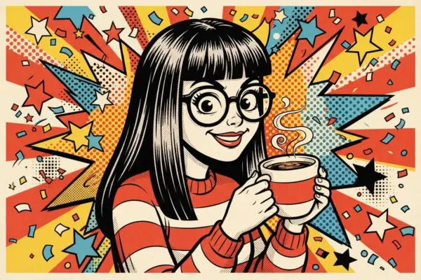 Ilustración pop art de una persona con gafas y flequillo recto, pelo largo y liso, sosteniendo una taza humeante.