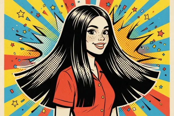 Ilustración pop art de una persona sonriente con el pelo muy largo, liso y suelto, sin flequillo, sobre un fondo de rayos de colores.