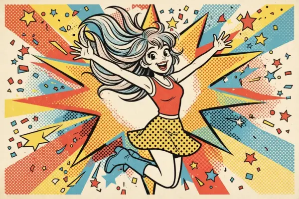 Ilustración pop art de una persona saltando con los brazos abiertos, melena larga, ondulada y con flequillo suelto al viento.