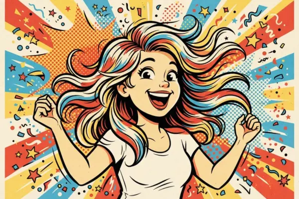 Ilustración pop art de una persona alegre con el puño en alto y una melena larga, ondulada y con mucho movimiento, sin flequillo.