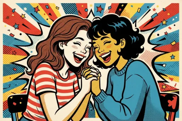 Illustration of two people laughing together with their foreheads touching, holding hands.