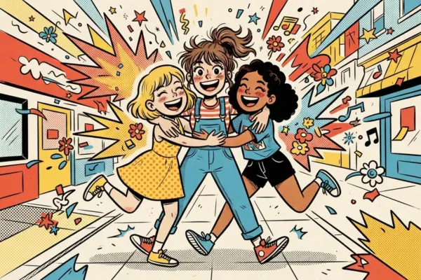 Comic-style illustration of three girls laughing with arms around each other, walking down a street.