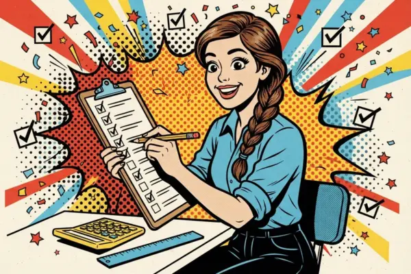 Comic-style illustration of a woman at a desk checking off a checklist with a calculator and ruler nearby.