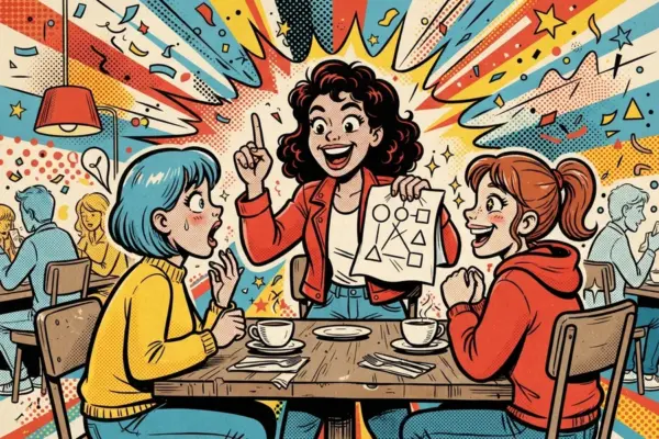 Comic-style illustration of a woman standing at a cafe table explaining a diagram to two friends.