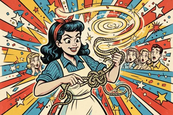 Illustration of a person tying a glowing, swirling knot of light while onlookers watch in amazement.