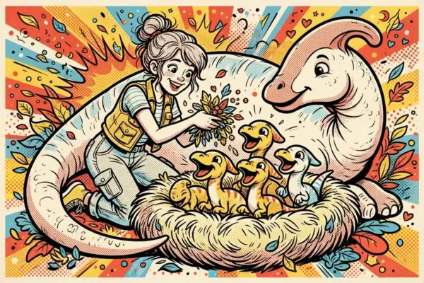 Ilustración de una chica dando de comer a crías de dinosaurio en un nido, junto a su madre.
