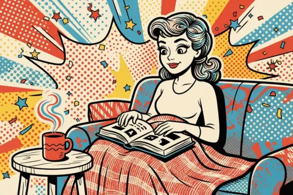Иллюстрация: женщина читает книгу, укрывшись пледом на диване, рядом чашка с горячим напитком.