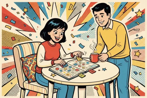Una pareja juega con fichas y un tablero sobre la mesa, mientras uno de los dos sostiene una taza.