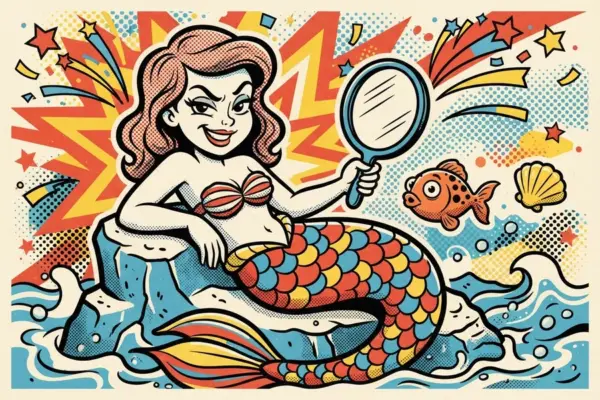 Ilustración pop-art de una sirena pelirroja sentada en una roca junto al mar, sonriendo mientras se mira en un espejo de mano, con un pez y una concha cerca.