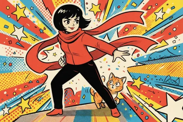 Illustration of a young woman in a red scarf standing in a confident, active pose next to a small cat.