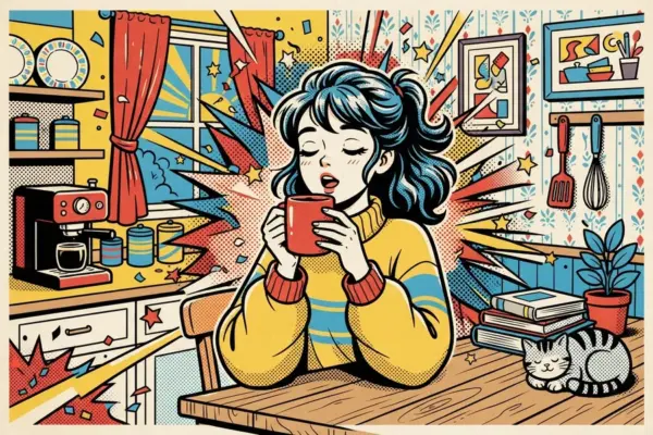 Ilustración de una joven con los ojos cerrados tomando una bebida caliente en la cocina, con un gato durmiendo cerca.