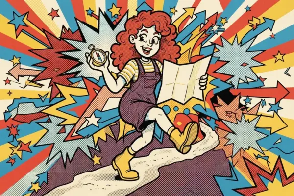Comic-style illustration of a woman running with a compass in one hand and a map in the other.