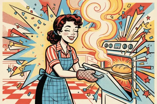Retro comic-style illustration of a smiling woman in a striped apron pulling a fresh loaf of bread out of the oven with a mitt, kitchen tiles in the background.