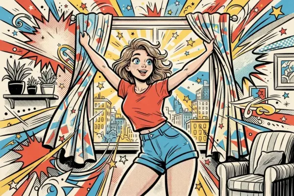 Ilustración de una joven abriendo las cortinas con energía hacia una ciudad soleada.