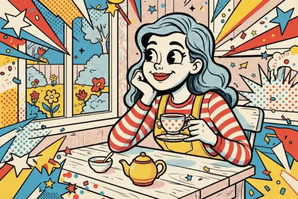 Иллюстрация: девушка отдыхает у окна с чашкой чая, за окном цветущий сад.