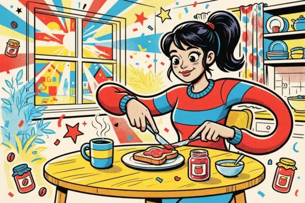 Una persona desayuna con calma, untando mermelada en una tostada junto a una ventana soleada.