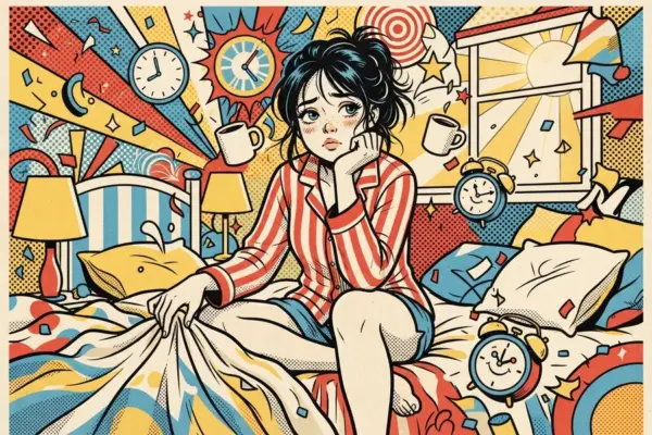 Ilustración de una joven sentada en una cama desordenada, pensativa, rodeada de relojes y despertadores.