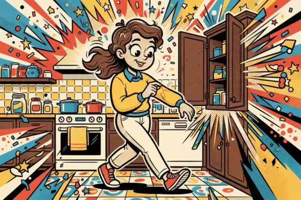 Ilustración de cómic pop de una mujer caminando por una cocina y remangándose, con la puerta de un armario abierta de par en par a su lado.