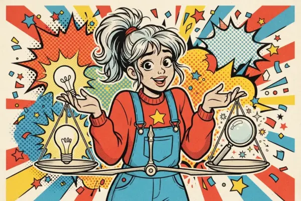 Comic-style illustration of a woman balancing a lightbulb and a magnifying glass on a scale held in her hands.