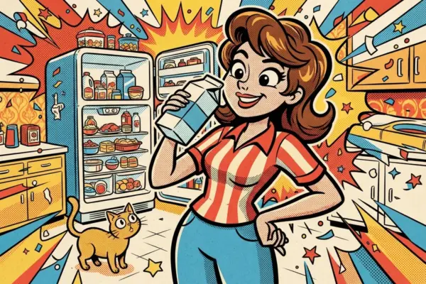 Retro comic-style illustration of a woman confidently drinking milk straight from the carton in front of an open fridge, while a startled cat looks on.