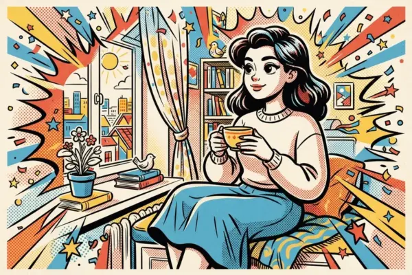 Иллюстрация: женщина сидит у окна с чашкой в руках на фоне книжной полки и городского пейзажа.