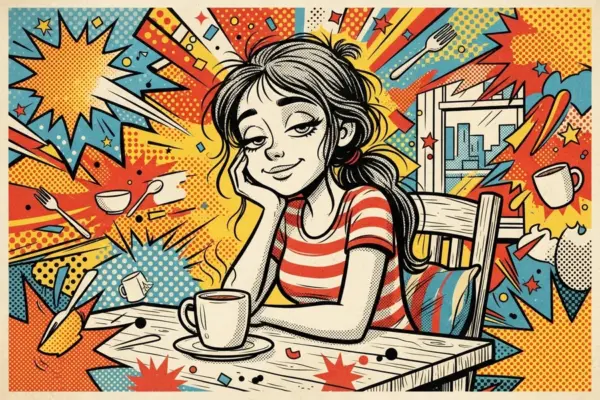 Ilustración de una joven apoyando la cabeza en la mano con una taza de café, sonriendo junto a una ventana con vista a la ciudad.