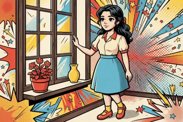 Иллюстрация: девушка стоит у открытого окна, опираясь рукой на раму, на фоне ярких лучей.