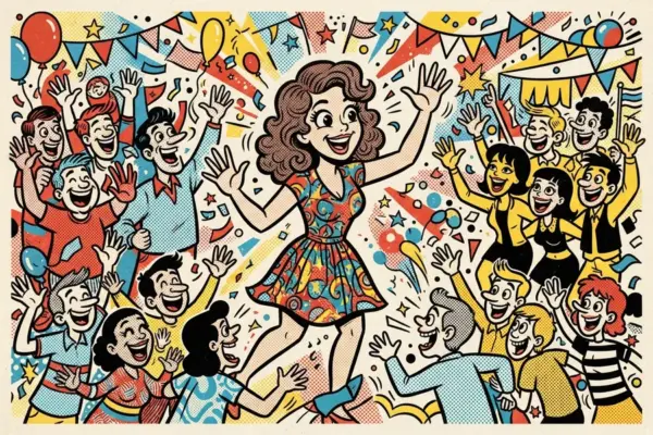 Una chica se encuentra en el punto donde se cruzan tres grupos distintos de gente en una feria callejera, saludando hacia todos lados con una sonrisa.