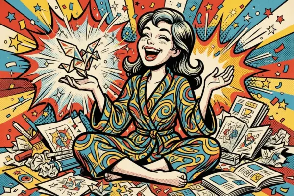 An illustrated girl surrounded by open books laughs as a paper crane floats above her hand.