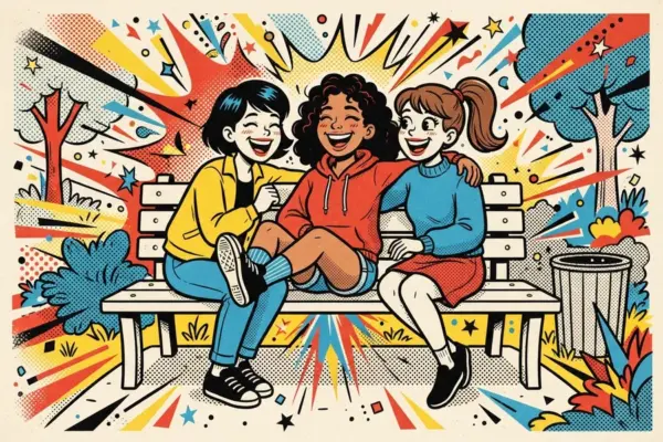 Illustration of three friends laughing together on a park bench in a sunny park.