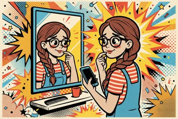 Ilustración pop-art de una persona con trenza y lentes mirándose en un espejo de mesa mientras sostiene el celular y se toca los labios con un dedo.