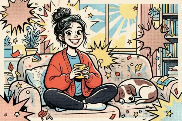 Ilustración pop-art de una persona sentada con las piernas cruzadas en un sofá, sonriendo con una taza en las manos, junto a un perro dormido.