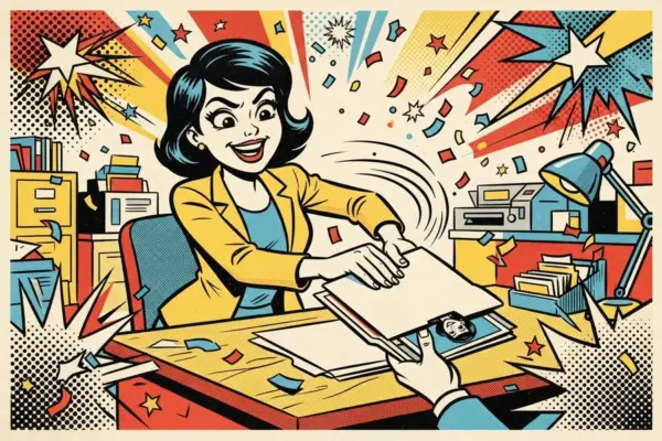 A woman grinning as she slides a folder with someone's photo across her desk, confetti flying.
