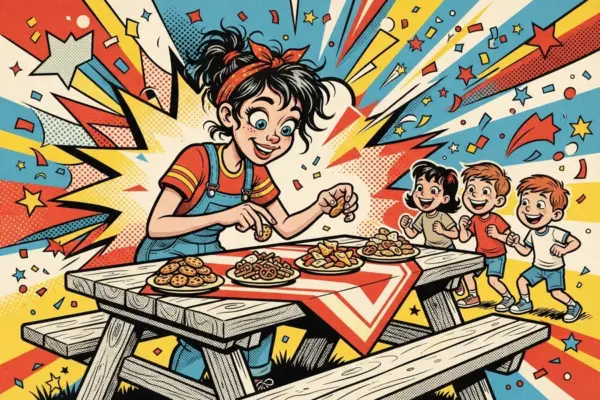 Ilustración de una chica repartiendo comida por igual entre varios niños en una mesa de picnic.