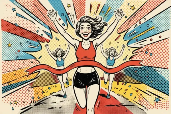 Ilustración de una chica cruzando la meta de una carrera con los brazos en alto, seguida por otras corredoras.