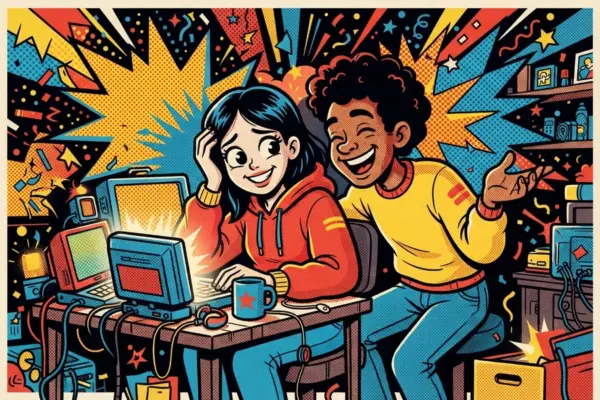 Ilustración pop art de dos personas riendo entre varios ordenadores y cables antiguos en un escritorio abarrotado.