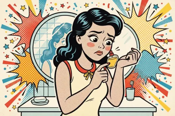 Retro comic-style illustration of a young woman looking uncertain in a bathroom mirror while holding a small perfume bottle near her neck.
