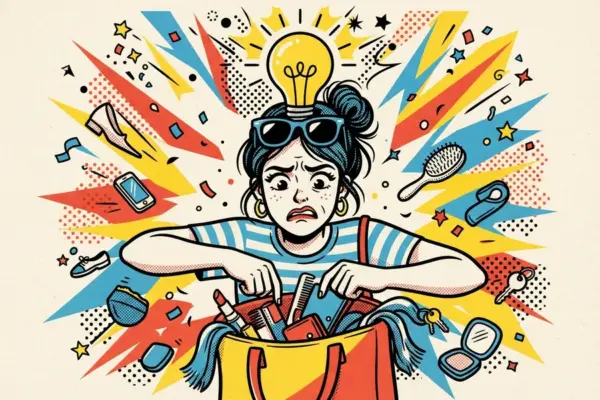Ilustración de cómic pop de una mujer con gesto confundido rebuscando en su bolso, con las gafas de sol puestas sobre la cabeza y una bombilla encendida encima.