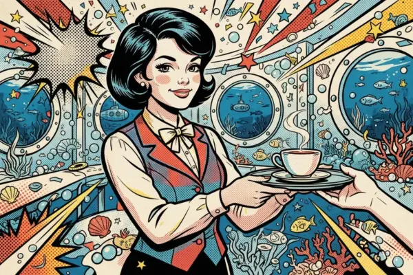 Ilustración de una camarera sirviendo una taza de té en una sala submarina con ojos de buey y peces alrededor.