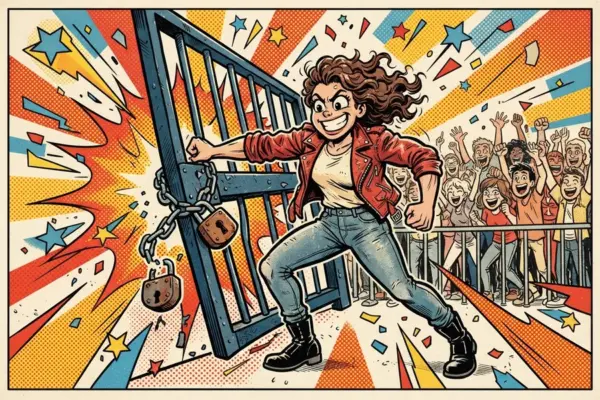 Illustration of a person breaking open a locked gate with their bare hands in front of a cheering crowd.