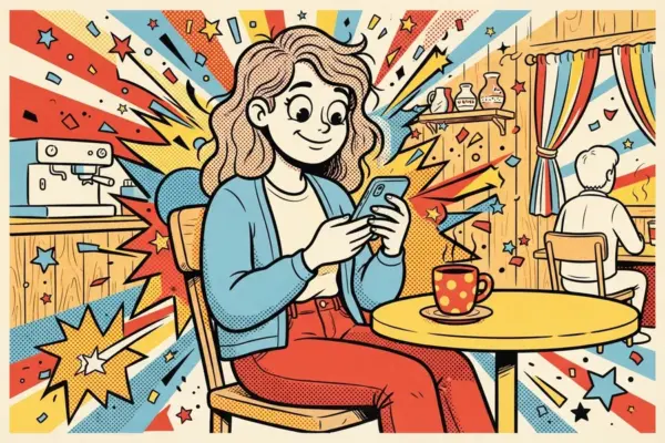 Иллюстрация в стиле поп-арт: человек с кофе смотрит в телефон в уютном кафе, вокруг — яркие лучи и звёзды фона.