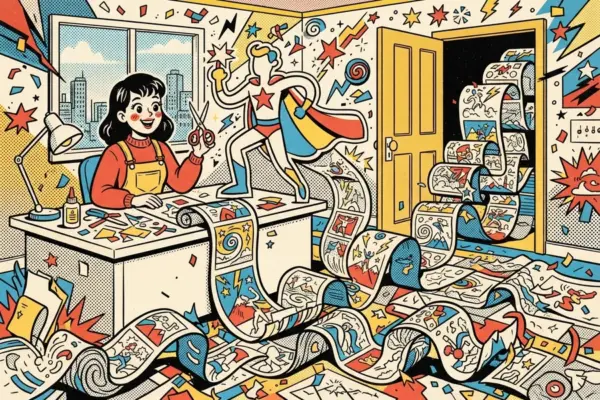 A writer at a desk cutting a giant scroll of comic panels that spills out the door and down the hallway.