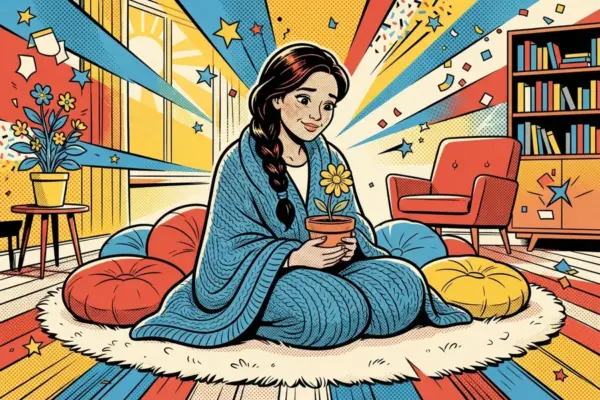 Человек с длинной косой, укутанный в синий вязаный плед, сидит на ковре среди подушек и держит в ладонях горшок с жёлтым цветком.