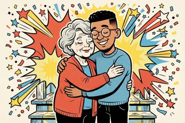 Ilustración de cómic de un joven con gafas y una persona de pelo gris que se abrazan con los ojos cerrados y una sonrisa, sobre un fondo de estrellas y destellos.