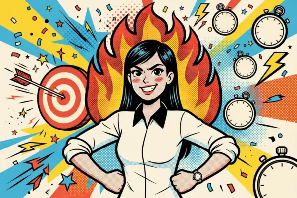 Ilustración de una mujer decidida con los brazos en jarras, una llama detrás de la cabeza, una diana con una flecha clavada y varios cronómetros alrededor.