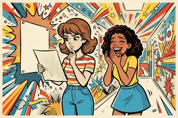 Comic style illustration of one woman looking puzzled at a piece of paper while her friend laughs beside her.