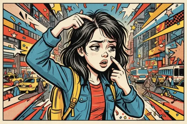 Comic-style illustration of a woman touching her hair on a busy city street with taxis and buses passing behind her.