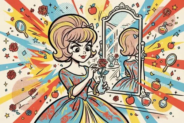 Ilustración de una chica mirándose en un espejo de marco decorado, rodeada de rosas, manzanas y frascos de perfume.